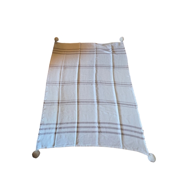 Cream & Tan Pom Pom Corner Throw Blanket OS - Picture 2 of 3